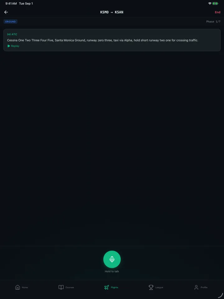 ReadBack app: live ATC session with a hold-to-talk button